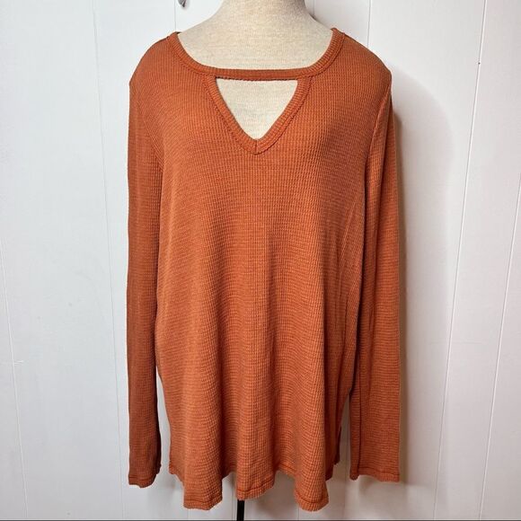 ANTHROPOLOGIE T La Rust Gold Nadia Cutout Thermal Waffle Weave Tunic Top Sz L - Picture 1 of 8